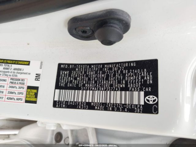 5YFEPMAE9NP357743 Toyota COROLLA LE