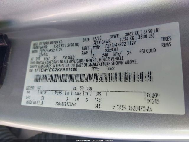 1FTEW1EG2KFA61480 Ford F-150 Limited