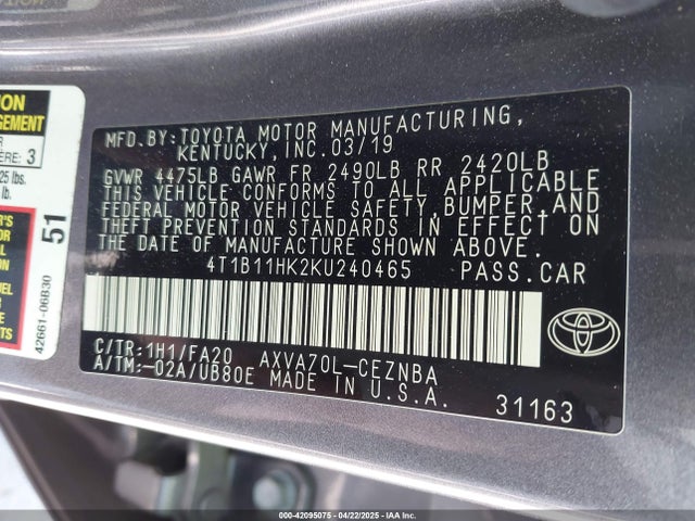 4T1B11HK2KU240465 Toyota CAMRY LE