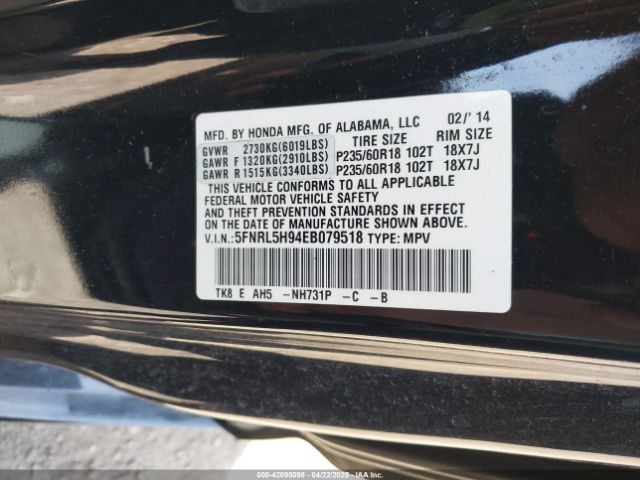 5FNRL5H94EB079518 Honda Odyssey Touring/touring Elite