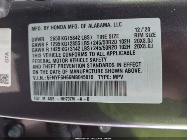 5FNYF6H66MB045819 Honda Pilot Awd Touring 7 Passenger