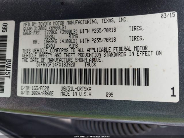 5TFRY5F14FX183920 Toyota Tundra Sr5 5.7l V8