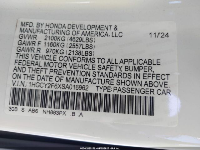 1HGCY2F6XSA016962 Honda Accord Hybrid Ex-l