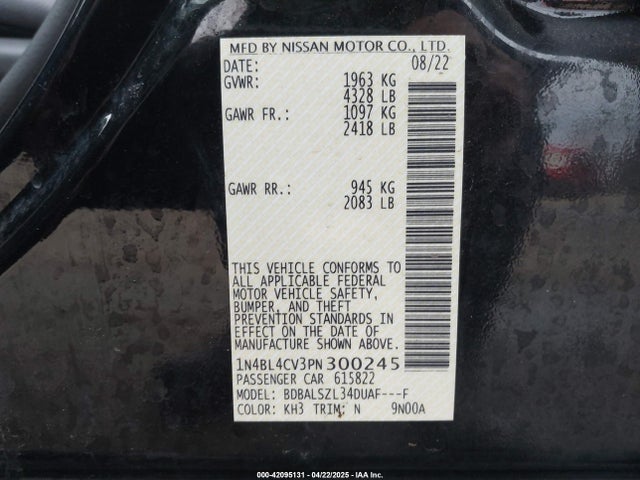 1N4BL4CV3PN300245 Nissan Altima Sr Fwd