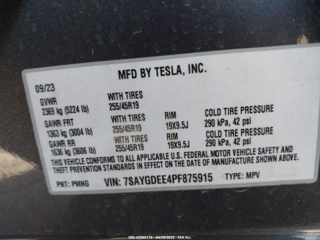 7SAYGDEE4PF875915 Tesla Model Y Awd/long Range Dual Motor All-wheel Drive