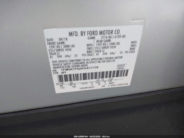 1FM5K7F82KGA11139 Ford Explorer Limited