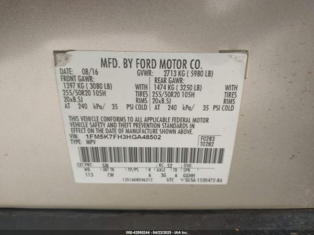 2017 FORD EXPLORER 1FM5K7FH3HGA48502 Photo 8