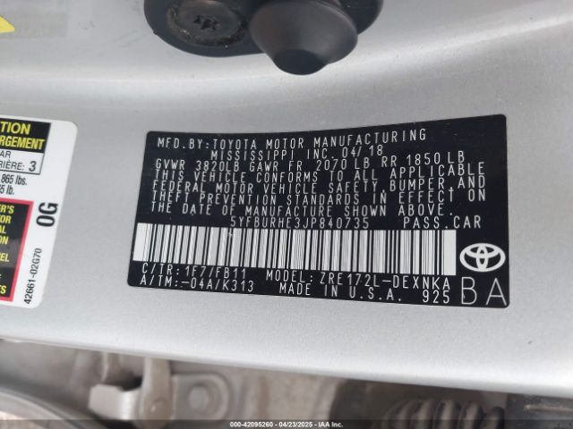 5YFBURHE3JP840735 Toyota COROLLA LE