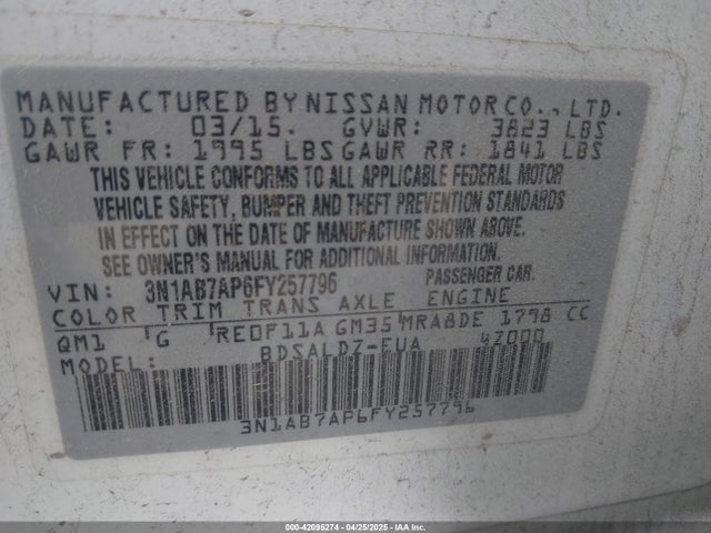 3N1AB7AP6FY257796 Nissan Sentra Fe+ S/s/sl/sr/sv