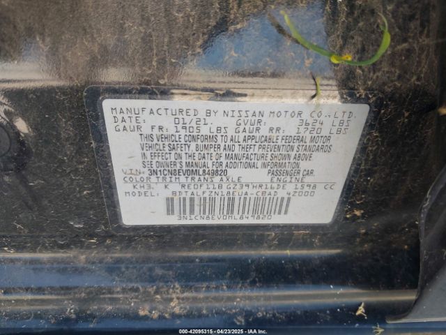 3N1CN8EV0ML849820 Nissan Versa Sv Xtronic Cvt