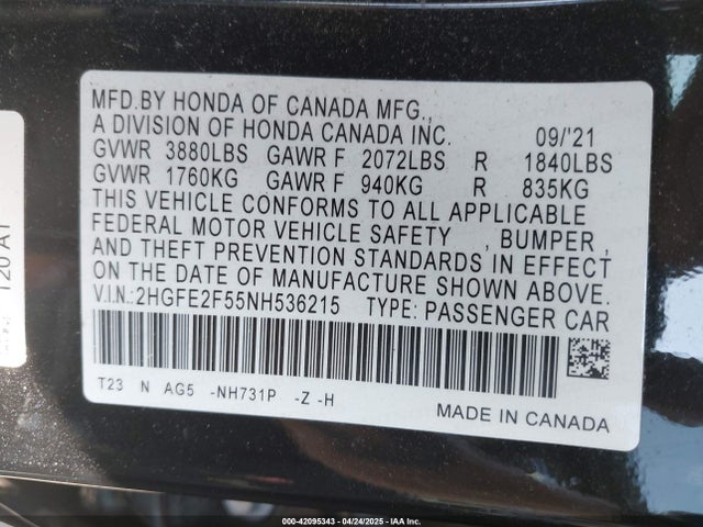 2HGFE2F55NH536215 Honda Civic Sport