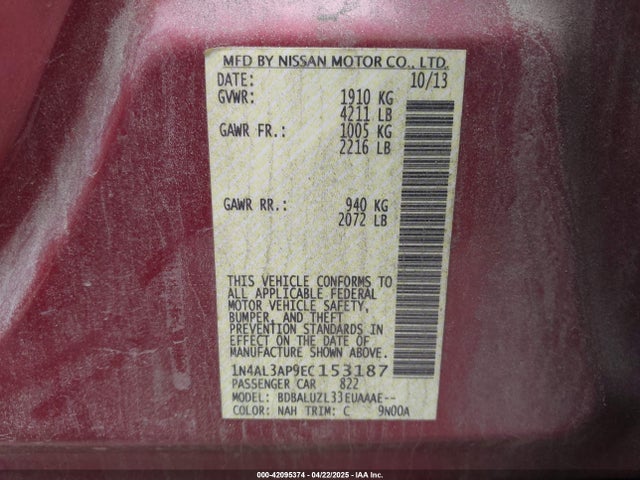 1N4AL3AP9EC153187 Nissan Altima 2.5 Sv