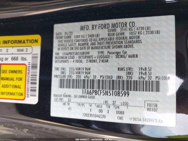 1FA6P8CF5N5108599 Ford Mustang Gt Premium Fastback