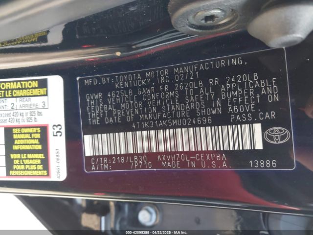 2021 TOYOTA CAMRY 4T1K31AK5MU024696 Photo 8