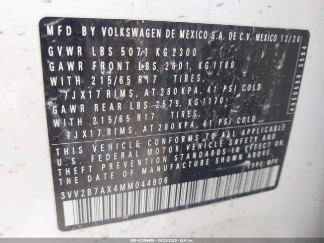 3VV2B7AX4MM044806 Volkswagen Tiguan 2.0t Se/2.0t Se R-line Black/2.0t Sel