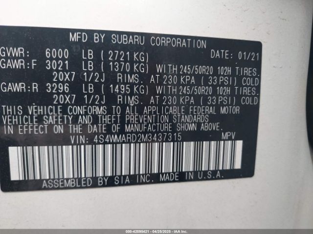 2021 SUBARU ASCENT 4S4WMARD2M3437315 Photo 8