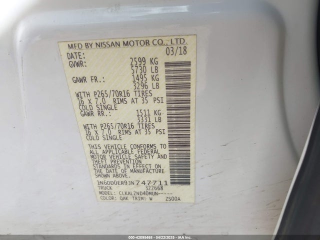 1N6DD0ER9JN747711 Nissan Frontier Sv