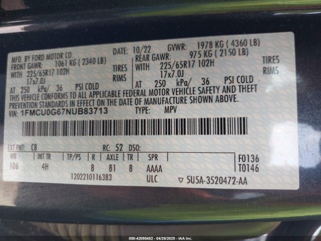 1FMCU0G67NUB83713 Ford ESCAPE SE