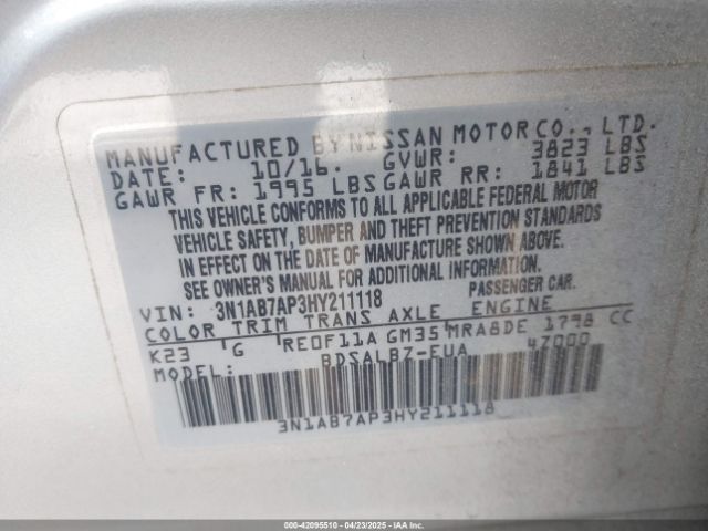 3N1AB7AP3HY211118 Nissan SENTRA S