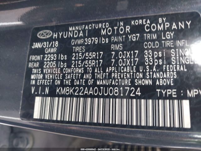KM8K22AA0JU081724 Hyundai Kona Sel