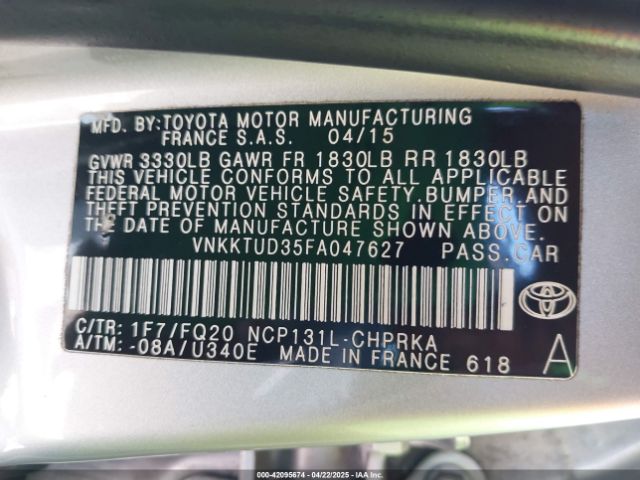 VNKKTUD35FA047627 Toyota YARIS L