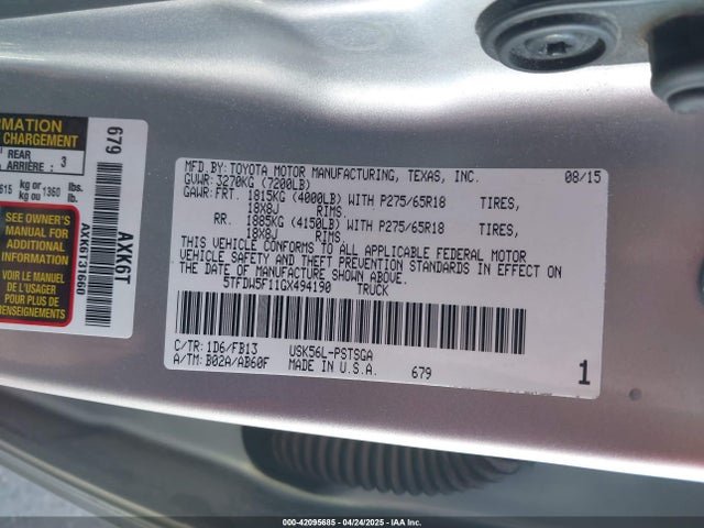 5TFDW5F11GX494190 Toyota Tundra Sr5 5.7l V8