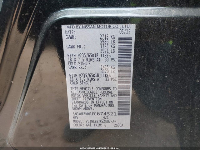 5N1AR2MM1FC674521 Nissan Pathfinder S