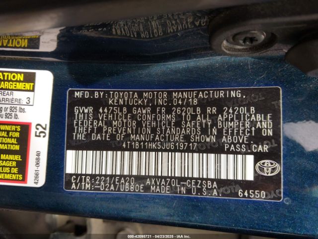 4T1B11HK5JU619717 Toyota CAMRY SE