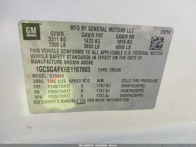 Продаж на аукціоні авто 2014 Chevrolet Express 1500 Work Van, vin: 1GCSGAFX6E1167883, номер лоту: 42095723