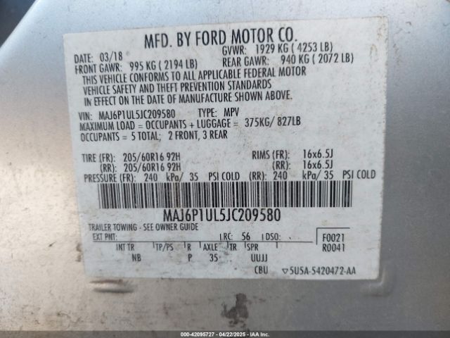MAJ6P1UL5JC209580 Ford Ecosport Se