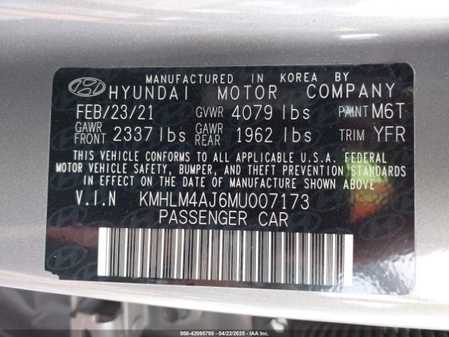 KMHLM4AJ6MU007173 Hyundai Elantra Hybrid Blue