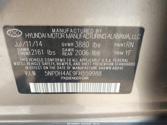 5NPDH4AE9FH559988 Hyundai ELANTRA SE