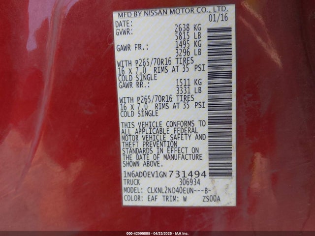 Nissan Frontier Pro-4x/s/sl/sv 2016 1N6AD0EV1GN731494 Image 9