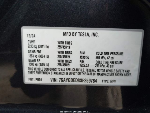 7SAYGDED8SF259764 Tesla Model Y Long Range Dual Motor All-wheel Drive