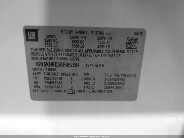 1GNSKHKC5GR452354 Chevrolet Suburban Lt