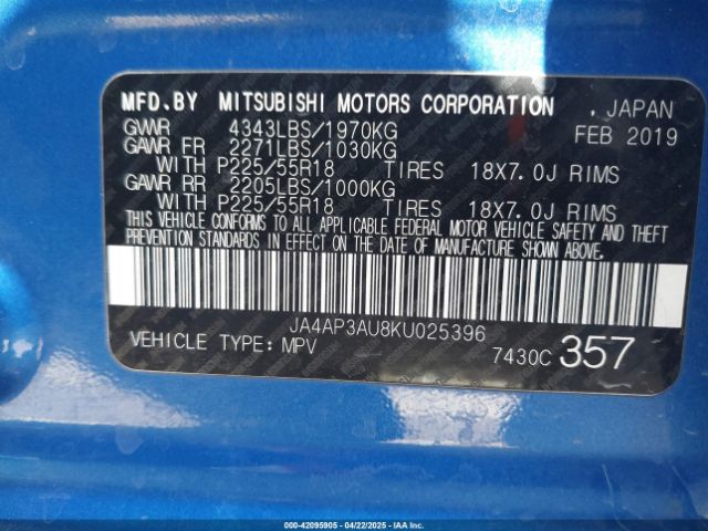 2019 MITSUBISHI OUTLANDER SPORT JA4AP3AU8KU025396 Photo 8