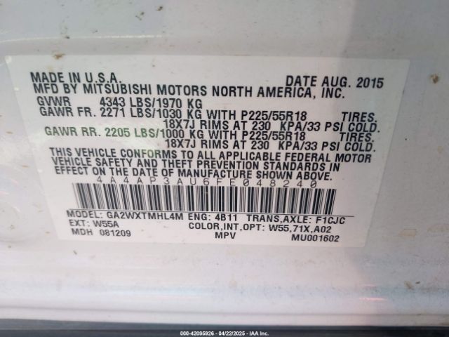 4A4AP3AU6FE048240 Mitsubishi Outlander Sport Es