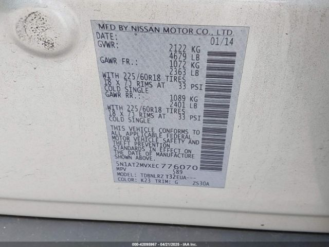 5N1AT2MVXEC776070 Nissan Rogue Sl