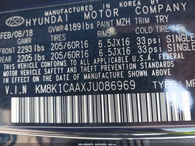 KM8K1CAAXJU086969 Hyundai Kona Se