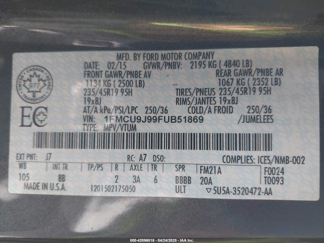 Ford 2015 2015 1FMCU9J99FUB51869 Image 9