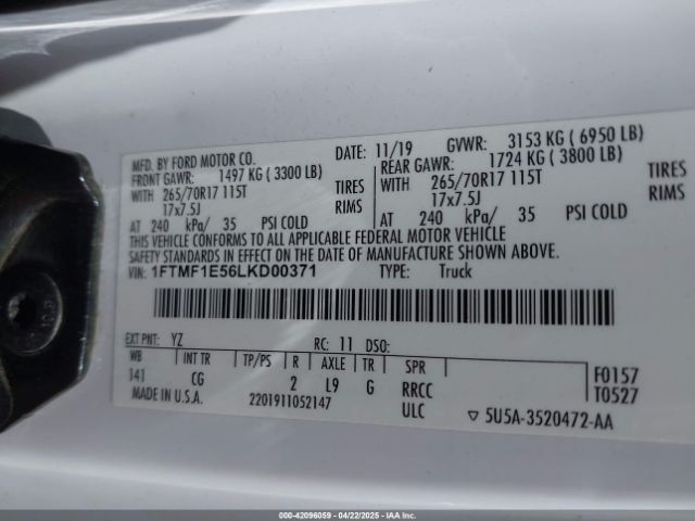 2020 FORD F-150 1FTMF1E56LKD00371 Photo 8