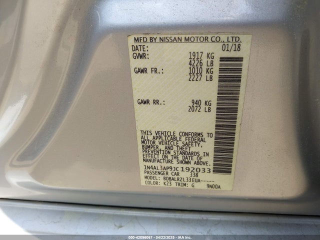 1N4AL3AP9JC192033 Nissan Altima 2.5 Sl