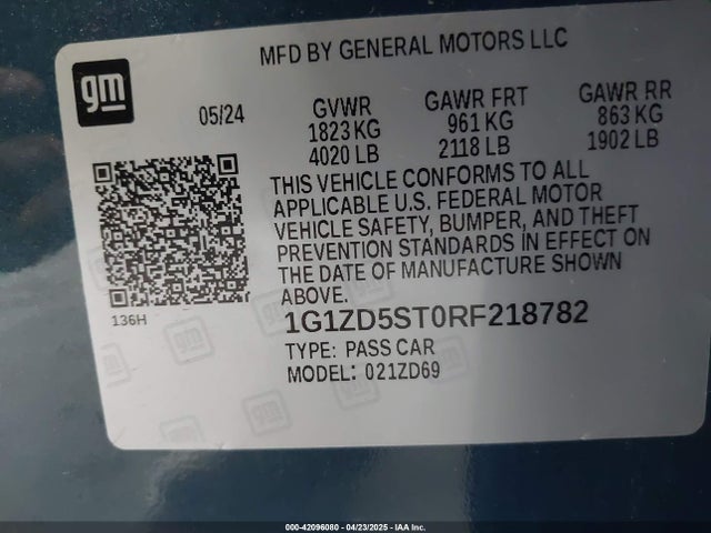 1G1ZD5ST0RF218782 Chevrolet Malibu Fwd 1lt