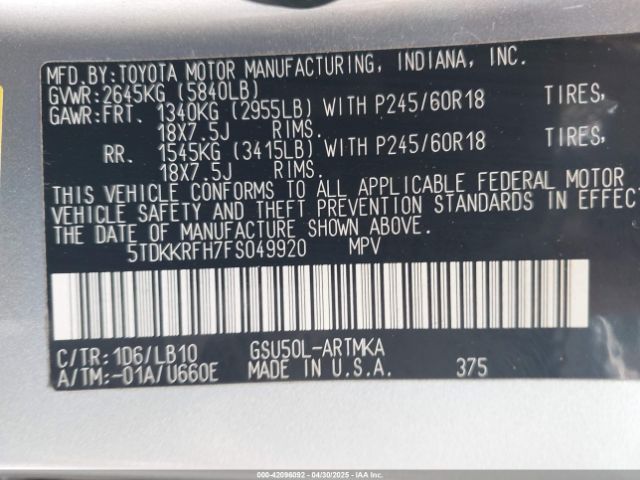 5TDKKRFH7FS049920 Toyota Highlander Xle V6
