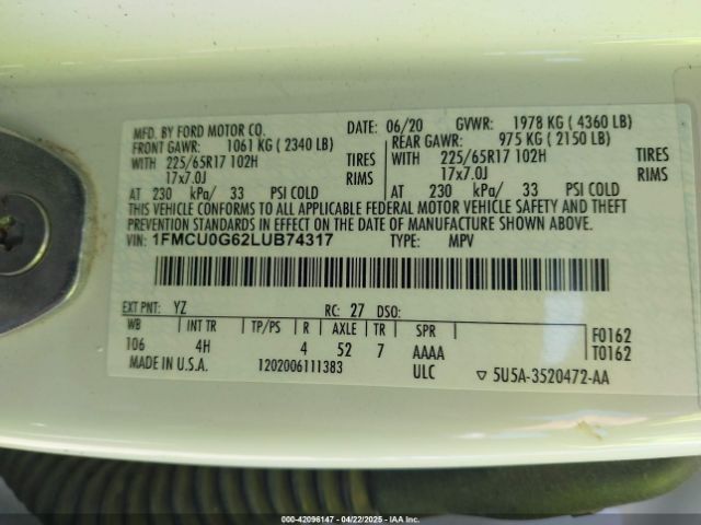 1FMCU0G62LUB74317 Ford ESCAPE SE