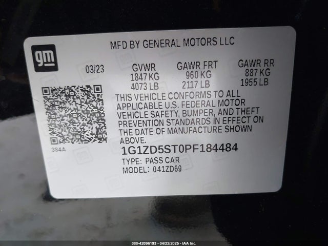 1G1ZD5ST0PF184484 Chevrolet Malibu Fwd 1lt