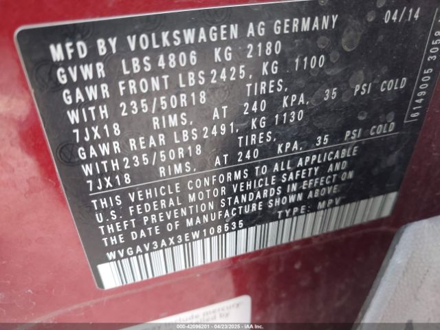 WVGAV3AX3EW108535 Volkswagen Tiguan Sel