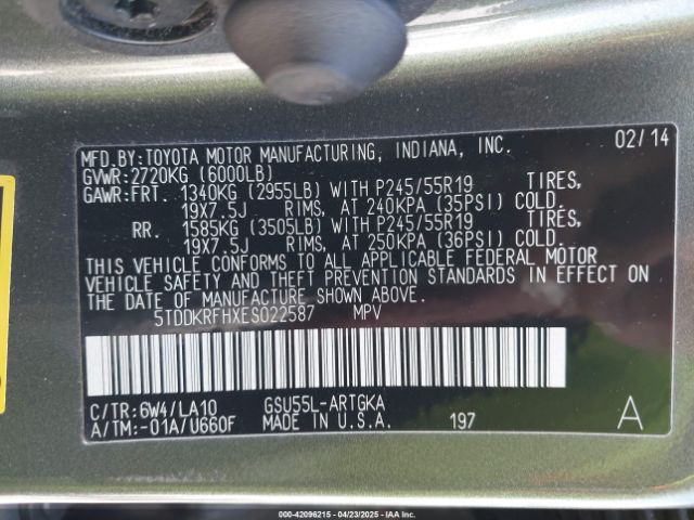 5TDDKRFHXES022587 Toyota Highlander Limited V6