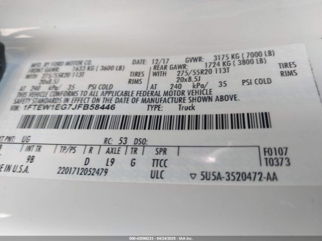 1FTEW1EG7JFB58446 Ford F-150 Platinum