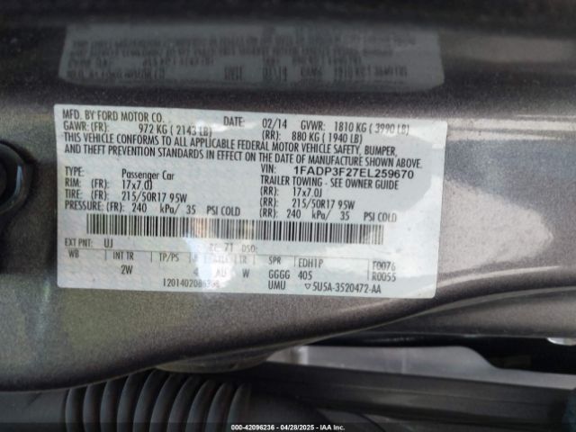 1FADP3F27EL259670 Ford FOCUS SE
